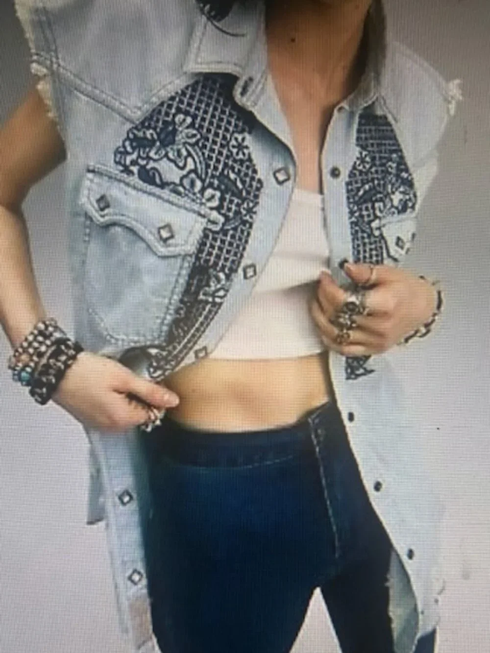 We the Free x Free People Western Wear Cutoff Denim Embroidered Fray Snap Top - Picture 1 of 16